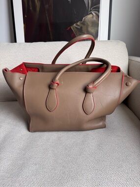 Celine Knot Bag. Taupe Leather Tote Bag with Red Trim